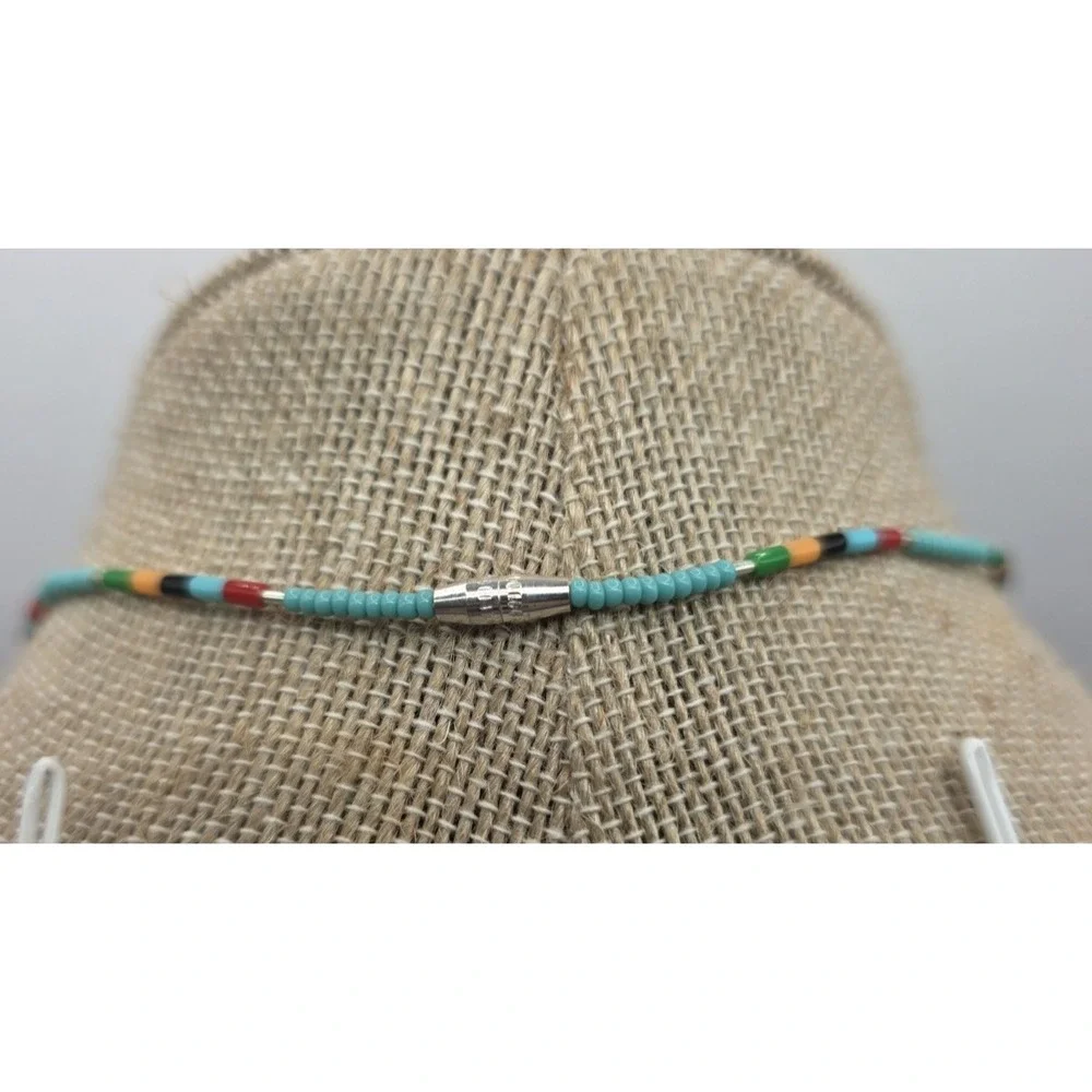 Sleeping Beauty Turquoise Heishi Liquid Silver Necklace Seed Bead Necklace 15.5